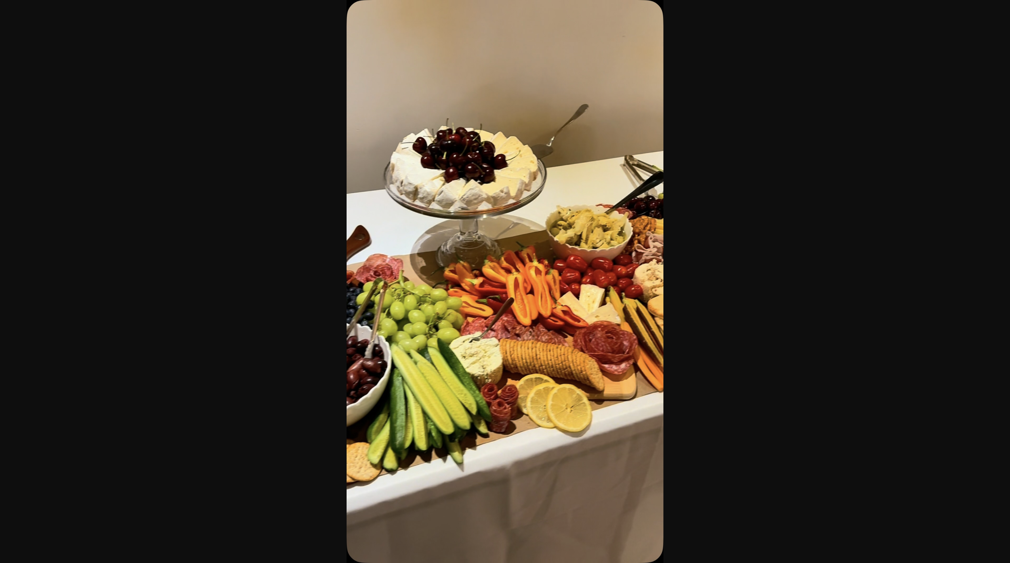 Grazing table prepared for a wedding cocktail hour